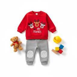 Velvet Reindeer Sweatshirt and Quilted Knee Gray Pants Set image 1
