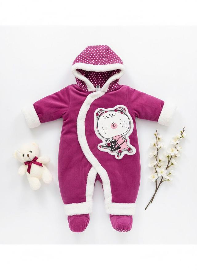 Fuchsia Bear Graphic Hooded Bunting with Booties
